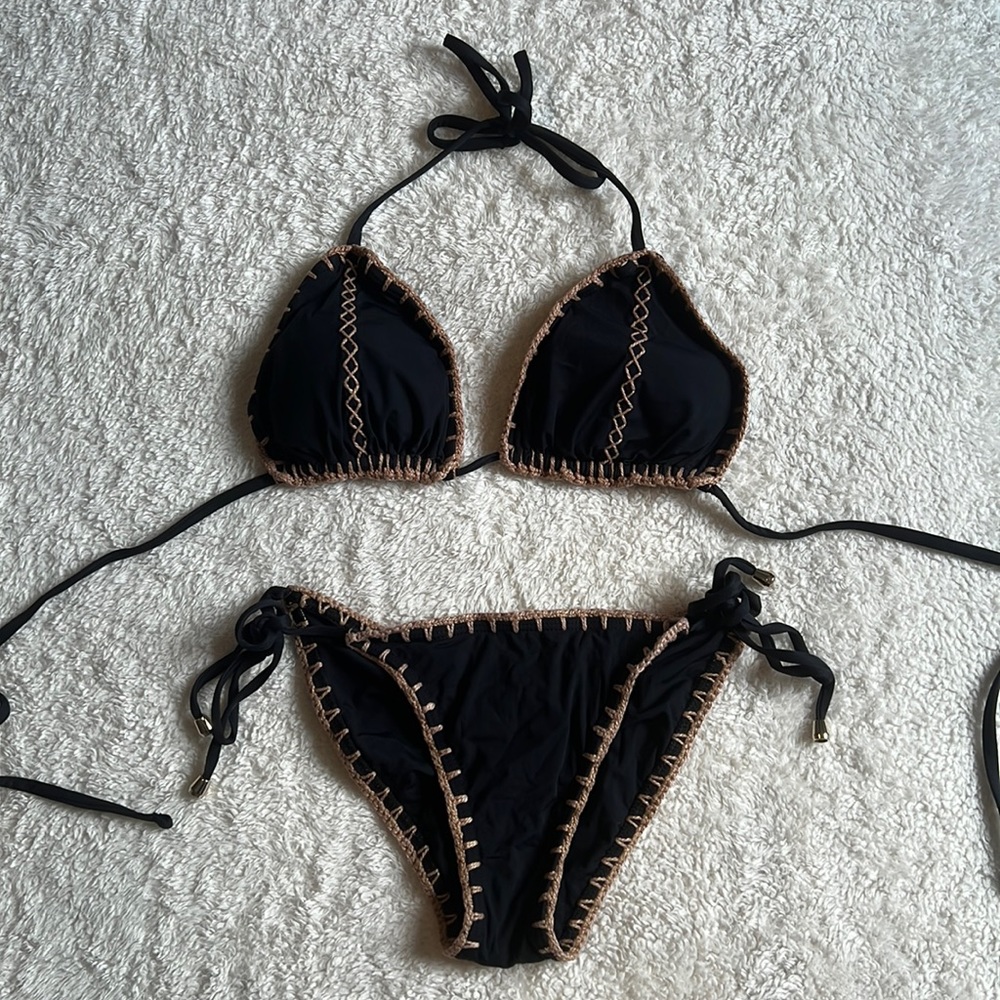 Black bikini with tan crochet edges - lightly used